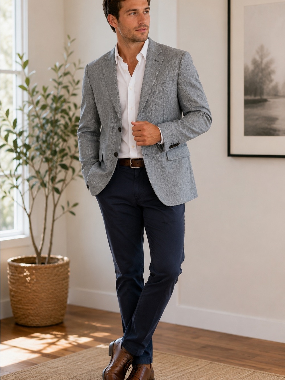 Banana Republic Blazer Mens 40L Gray Herringbone Cotton Sport Coat 2 Button